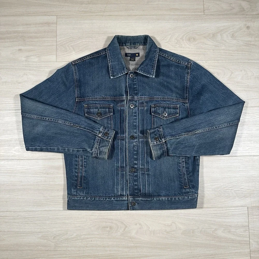 Vintage J.Crew Mens Denim Trucker Jacket Size Medium Dark Wash Hong‎ Kong Made